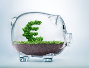 Piggy bank savings concept with grass growing in shape of Euro sign